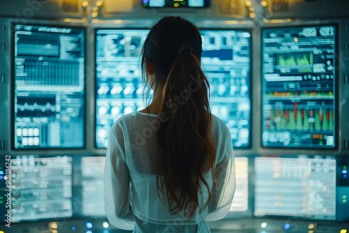 Young Female Uses Artificial Intelligence in System Control Monitoring Center.