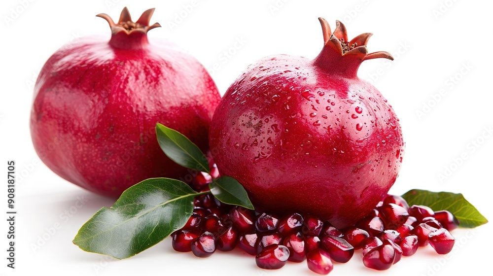 A pair of pomegranates resting atop a green leafy twig A pair of pomegranates resting atop a green leafy twig