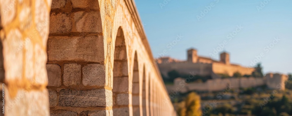 Obraz premium Romanesque architecture, rounded arches, close up, medieval heritage, dynamic, silhouette, castle backdrop