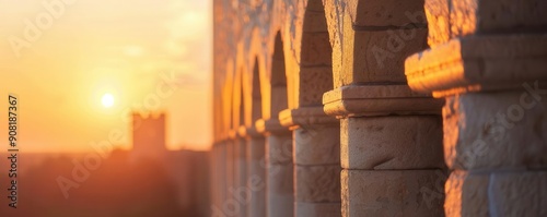 Romanesque architecture, rounded arches, close up, medieval heritage, dynamic, silhouette, castle backdrop