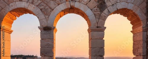 Romanesque architecture, rounded arches, close up, medieval heritage, dynamic, silhouette, castle backdrop