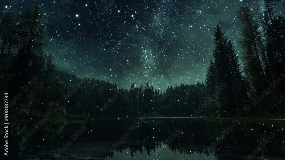 Starry Night over Tranquil Forest Lake - A serene night scene featuring ...