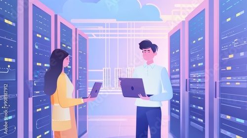 Illustration design of IT expert workers discussing in data center room