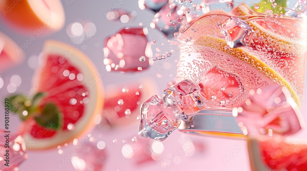 A clear image shows a close-up of a juicy watermelon resting atop ice cubes set against a pink background, with the water splashing from a cut slice A clear image shows a close-up of a juicy watermelon resting atop ice cubes set against a pink background, with the water splashing from a cut slice