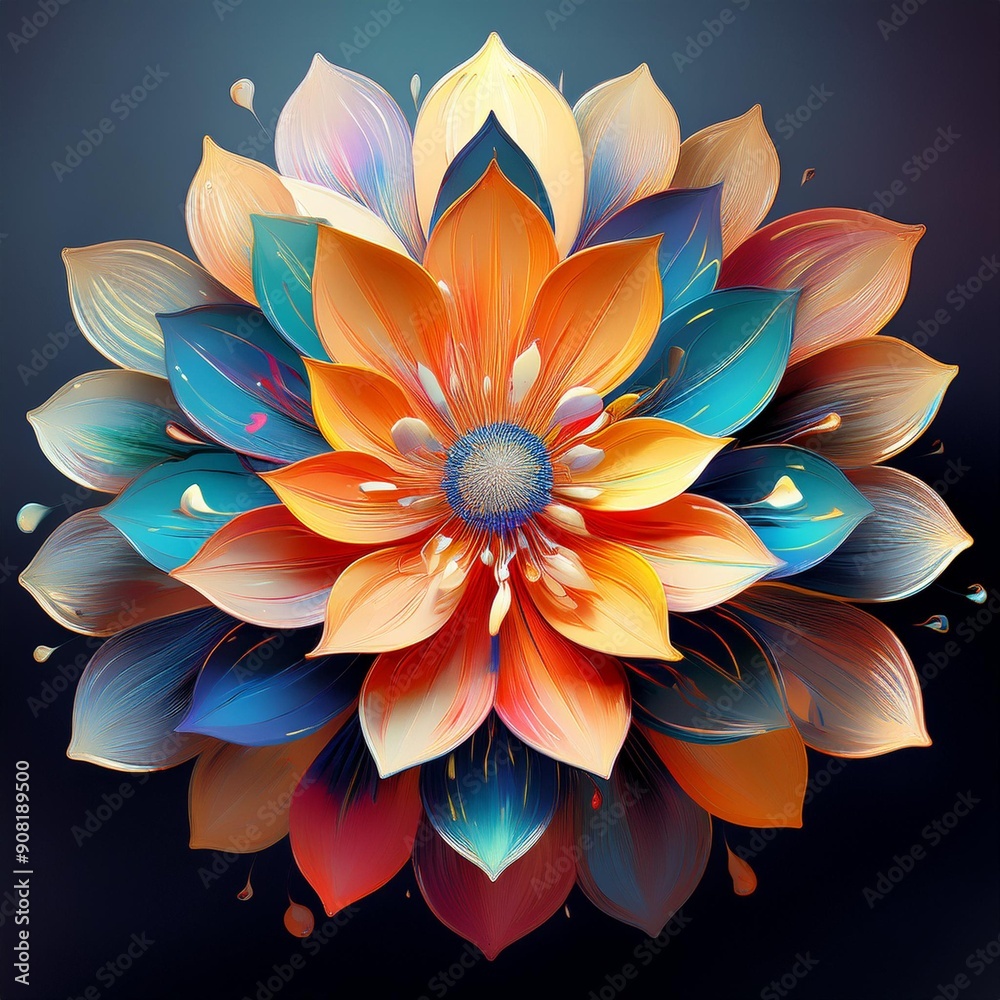 Obraz premium A mesmerizing, symmetrical mandala bursting with vibrant colors and intricate details, ideal for use in wellness branding, meditation apps, or as eye-catching wall art.