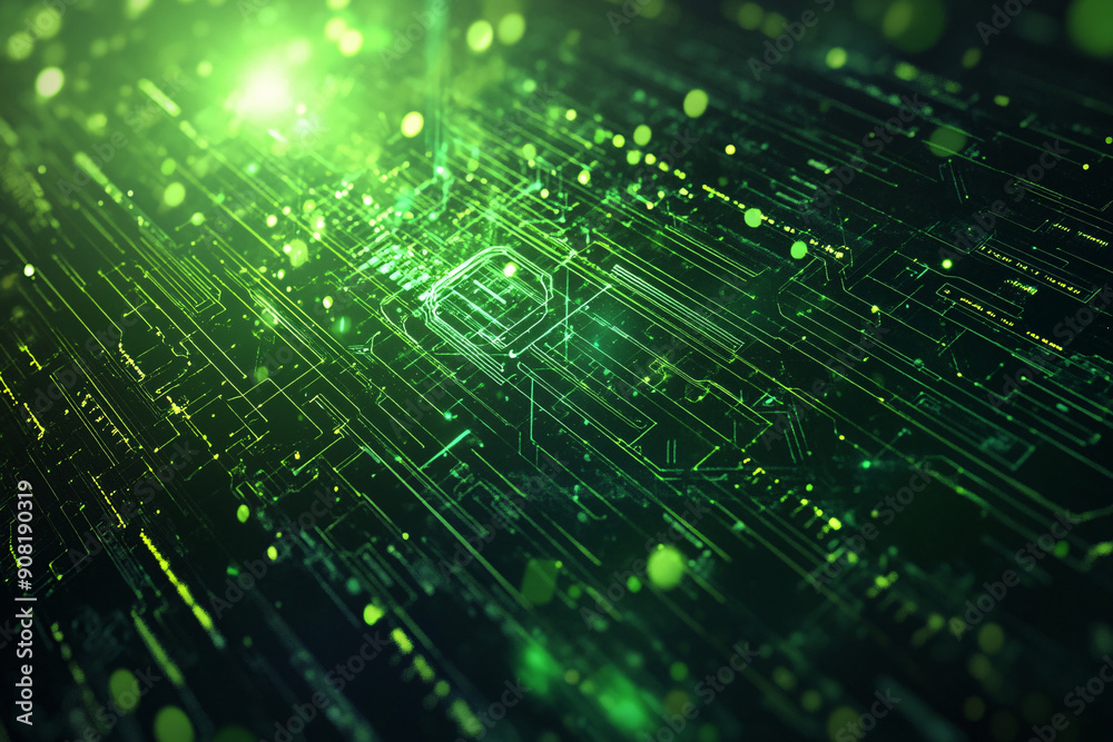 Abstract digital circuit in green hues with bright glowing lines and intricate details creating a futuristic look Abstract digital circuit in green hues with bright glowing lines and intricate details creating a futuristic look