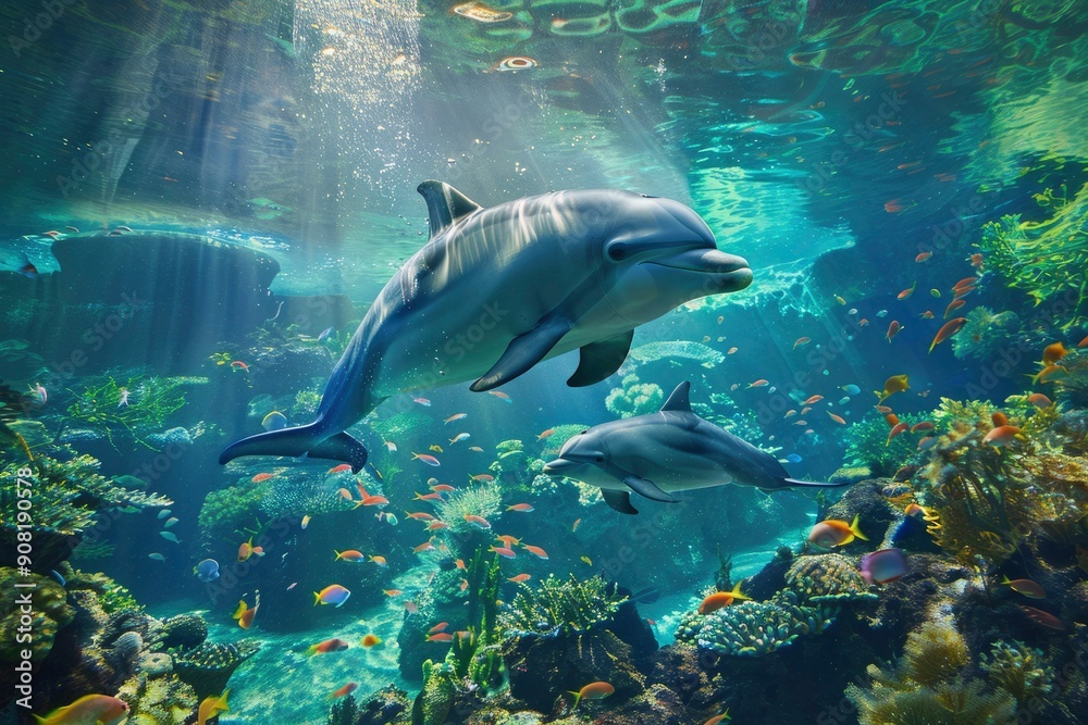 Fototapeta premium Two Dolphins Swimming Through a Coral Reef with Fish