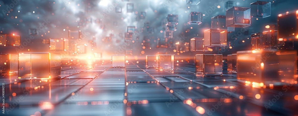 Abstract futuristic background with glowing white squares and silver blocks. Abstract futuristic background with glowing white squares and silver blocks.