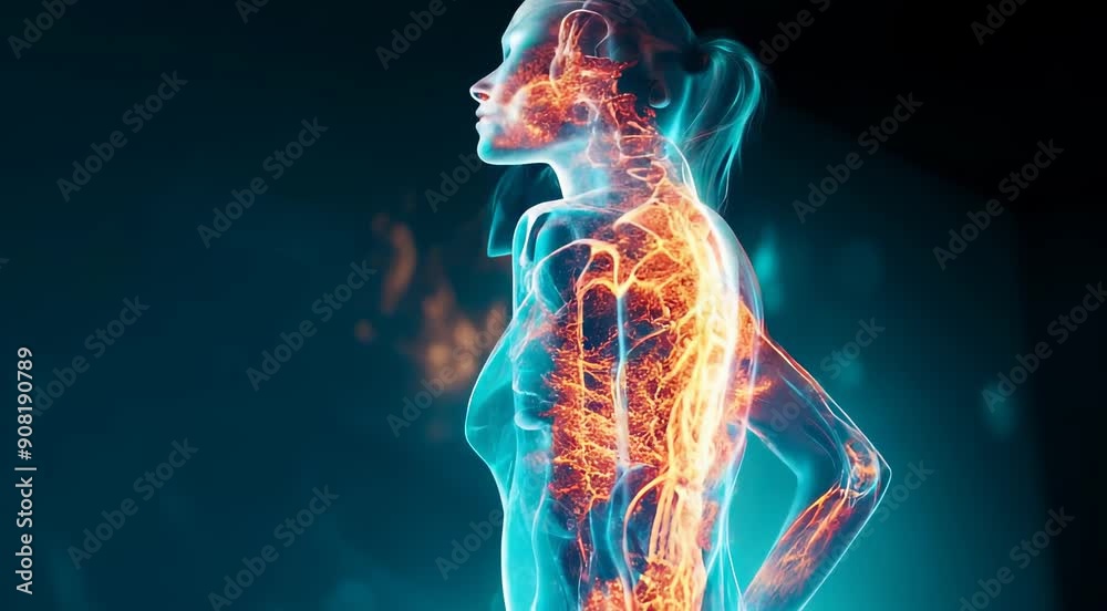 Digital illustration of a human body showing the skeletal structure with highlighted areas of pain or inflammation along the spine and hip, set against a dark background.