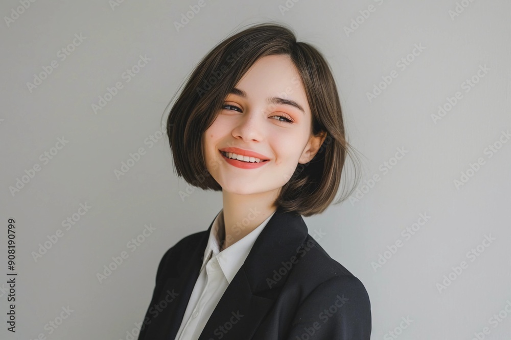 Smiling Young Professional Brunette Woman With Short Hair in Business Attire Against White Background, Portrait Shot Smiling Young Professional Brunette Woman With Short Hair in Business Attire Against White Background, Portrait Shot