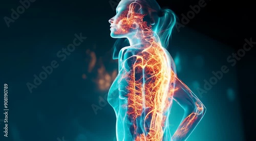 Digital illustration of a human body showing the skeletal structure with highlighted areas of pain or inflammation along the spine and hip, set against a dark background. photo