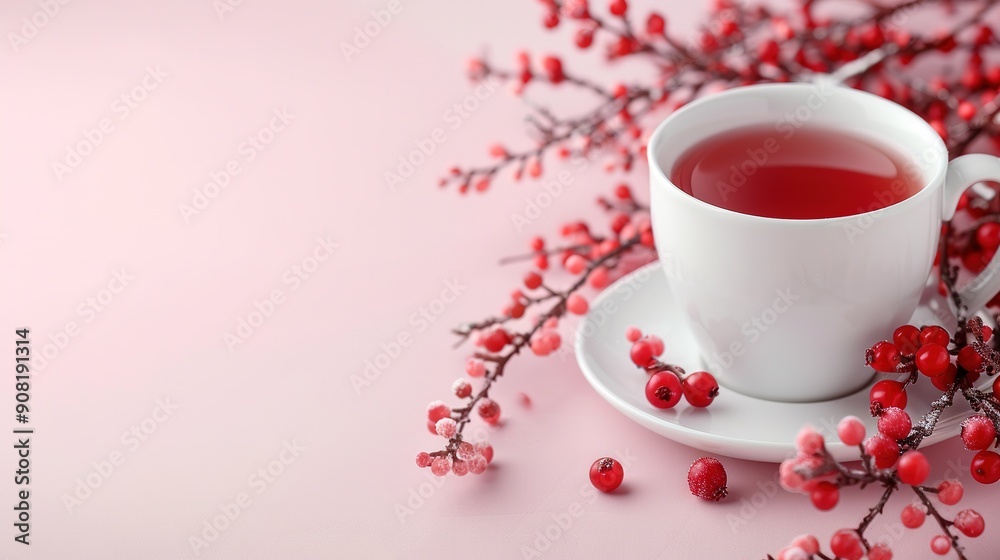 A teacup with red berries on a pink backdrop A teacup with red berries on a pink backdrop