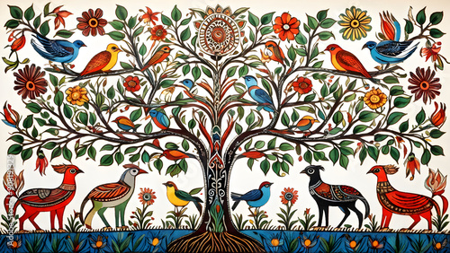 A Madhubani-style tree of life with birds, blossoms, and animals symbolizing nature's interconnectivity