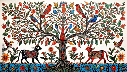A Madhubani-style picture of the tree of life, embellished with birds, flowers, and animals, emphasizing the interconnectivity of nature