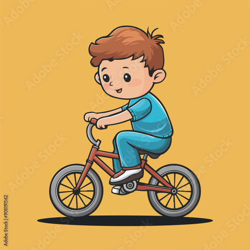 Boy riding a bike hand drawn art Vector Icon Illustration