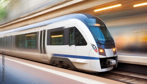 A high-speed train captured with panning technique, the train sharply in focus as it races through a blurred landscape, highlighting the sense of motion and speed.
