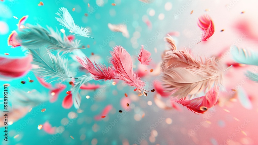 A close-up of a pink-and-white feather on a blue-and-pink background, with confetti falling from the feathers A close-up of a pink-and-white feather on a blue-and-pink background, with confetti falling from the feathers