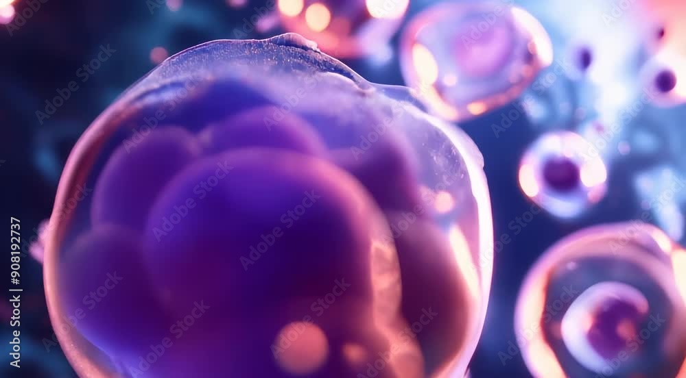 A vivid close-up of microscopic cells, showcasing vibrant colors and intricate structures on a blurry gradient background.