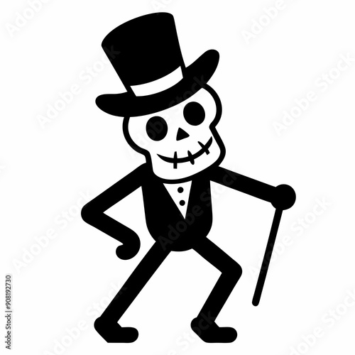 A skeleton dancing with a top hat and cane