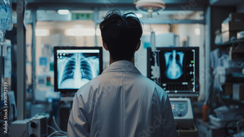 Doctor in white lab coat examining X-ray images on multiple monitors in a medical facility, focusing on detailed scans for diagnostic purposes, ideal for healthcare and technology themes