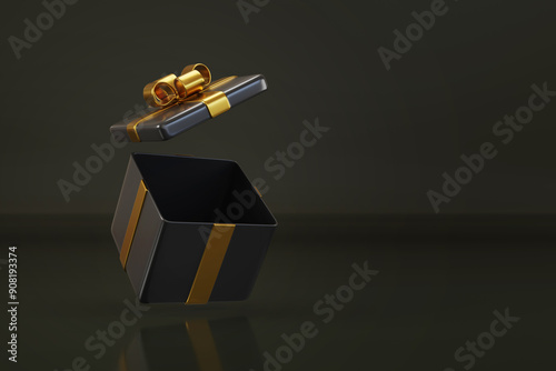 Open gift box with golden bow on a black background with copy space. 3d illustration. photo