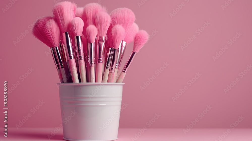 A pink cup holding makeup brushes on a pink background with a pink wall behind it A pink cup holding makeup brushes on a pink background with a pink wall behind it