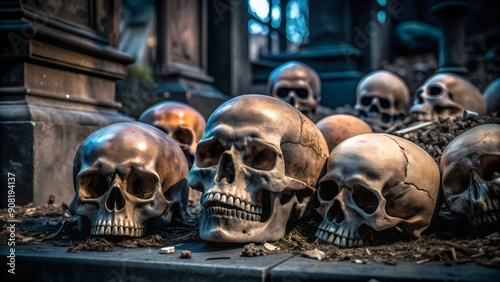 Skulls on stone steps in cemetery, warm tones, realistic style, perfect for Halloween themes and historical projects photo