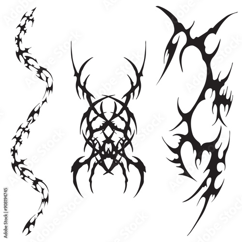 Neo tribal y2k wings flame aesthetic tattoo gothic cover, fire or wings abstract silhouette isolated on background. Divider, border, cyber body ornament, wings