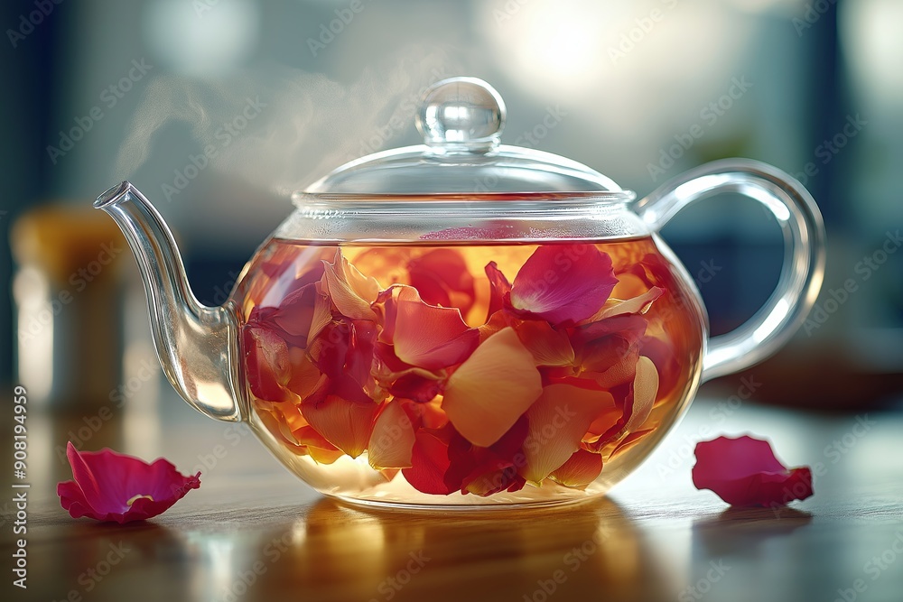 Glass teapot with tea and dry rose petals on wooden table, closeup Glass teapot with tea and dry rose petals on wooden table, closeup