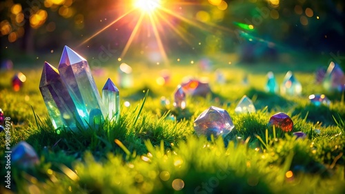 Prismatic Crystal Shards Scattered Across a Sun-Drenched Meadow  AI generated photo