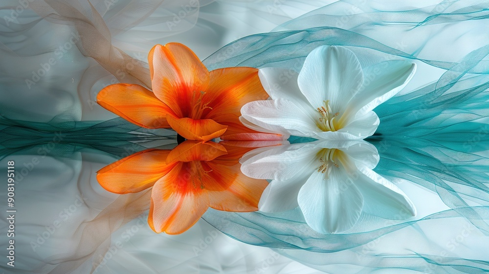 A white and orange flower sits atop a blue and white tablecloth alongside another white and orange flower A white and orange flower sits atop a blue and white tablecloth alongside another white and orange flower