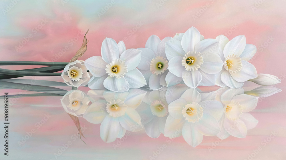 White flowers on table, Pink-Blue backdrop, Reflection in water White flowers on table, Pink-Blue backdrop, Reflection in water
