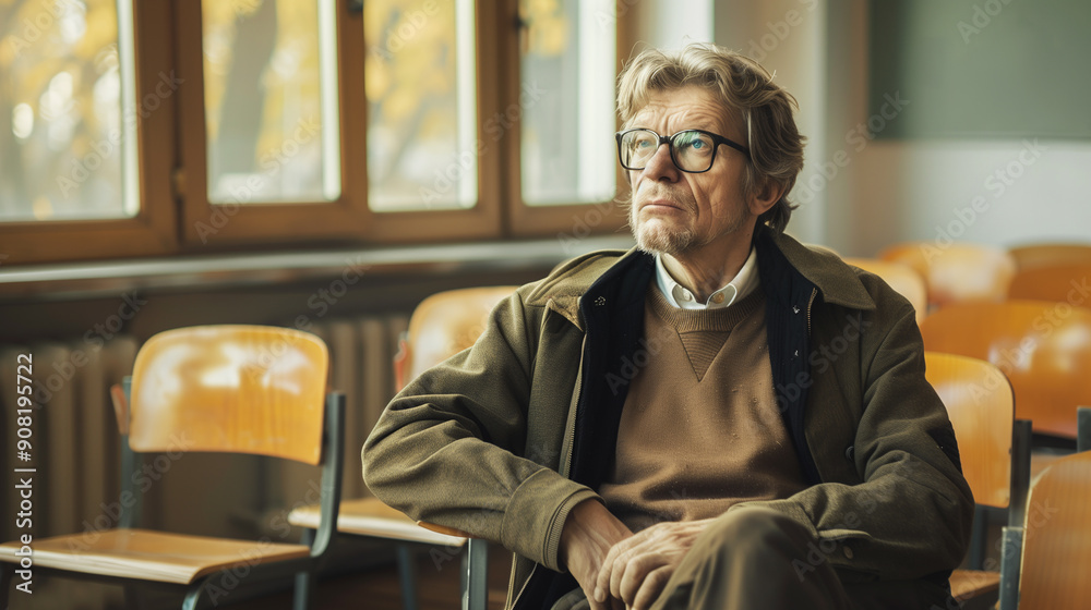 Fototapeta premium An emotionally exhausted male teacher in the classroom. Midlife crisis.
