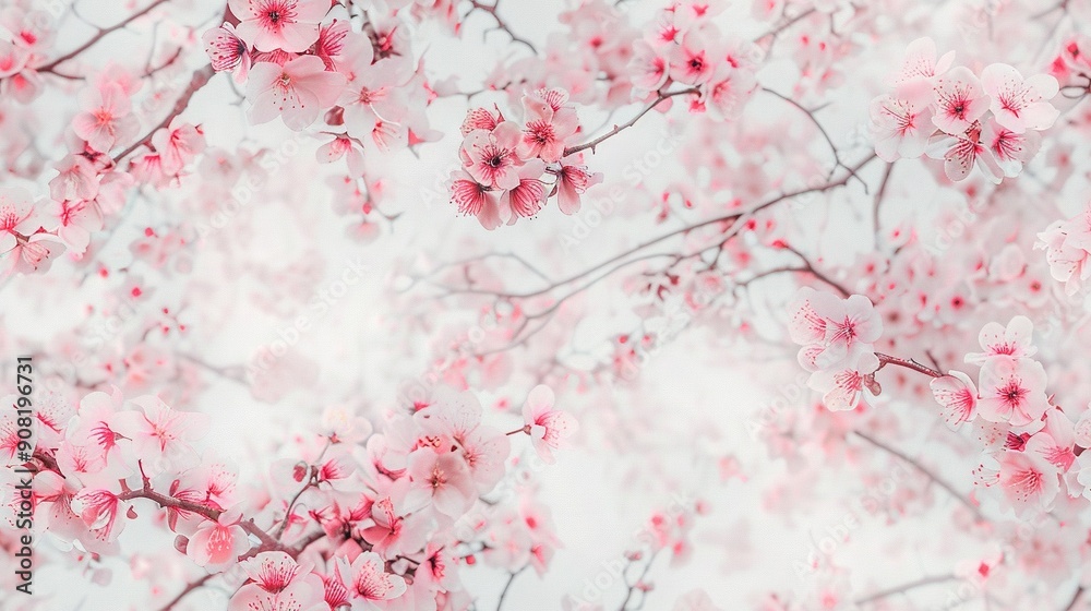 Pink blooms adorn a tree in focus, contrasting against white sky Pink blooms adorn a tree in focus, contrasting against white sky