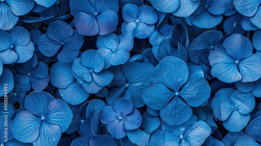 A cluster of blue flowers surrounded by water droplets on their petals A cluster of blue flowers surrounded by water droplets on their petals