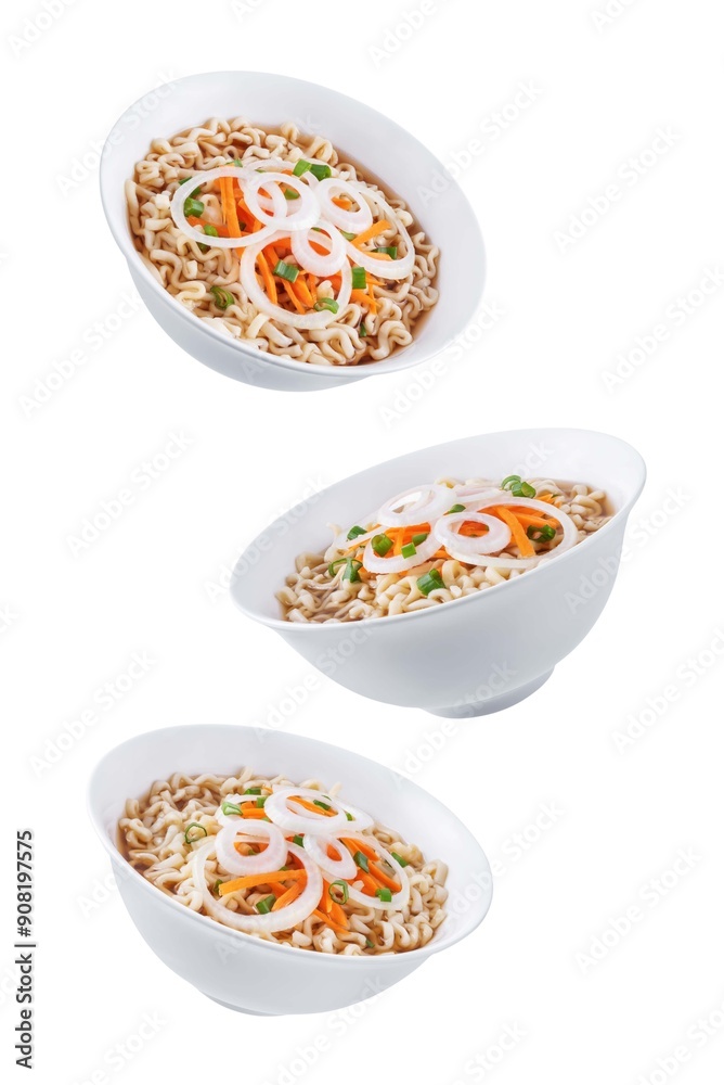 Ramen noodles with carrots and onion slices in a bowl. on a white isolated background Ramen noodles with carrots and onion slices in a bowl. on a white isolated background