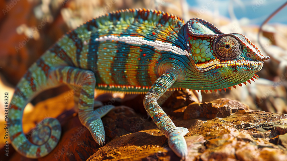 Fototapeta premium Dynamic Camouflage: The Shifting Hues of a Chameleon's Skin