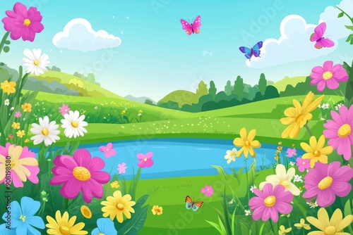 Colorful Flowers and Butterflies in a Meadow by a Pond