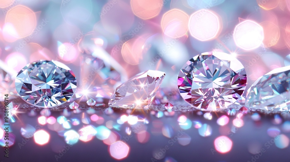A cluster of diamonds arranged on a vibrant pink and blue backdrop with numerous glitters A cluster of diamonds arranged on a vibrant pink and blue backdrop with numerous glitters
