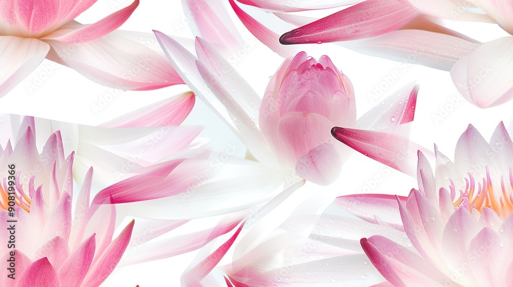 Pink and white water lilies on a white background with water droplets on the petals Pink and white water lilies on a white background with water droplets on the petals