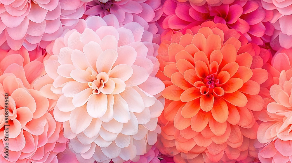 A close-up of a bouquet with pink and orange blooms in the center, surrounded by additional pink and orange flowers A close-up of a bouquet with pink and orange blooms in the center, surrounded by additional pink and orange flowers