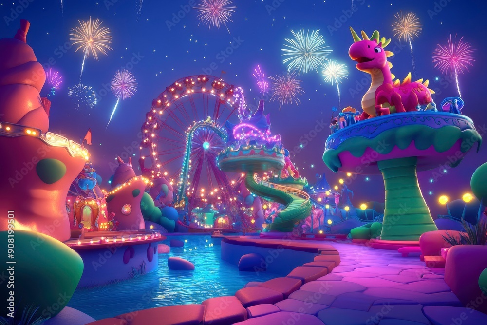 Obraz premium A Whimsical Amusement Park at Night with Fireworks
