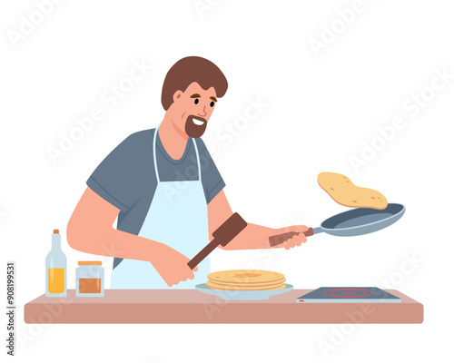 Happy man cooking pancakes for breakfast. Male Character preparing food. Vector illustration isolated on white background.