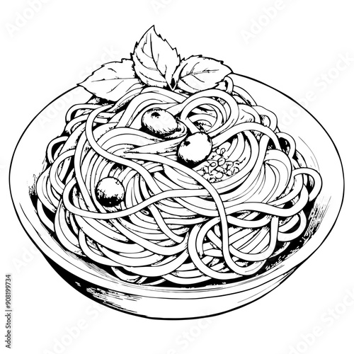 Spaghetti Illustration, Black and White, Pasta Concept