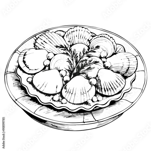 Scallops Illustration, Black and White, Seafood Concept