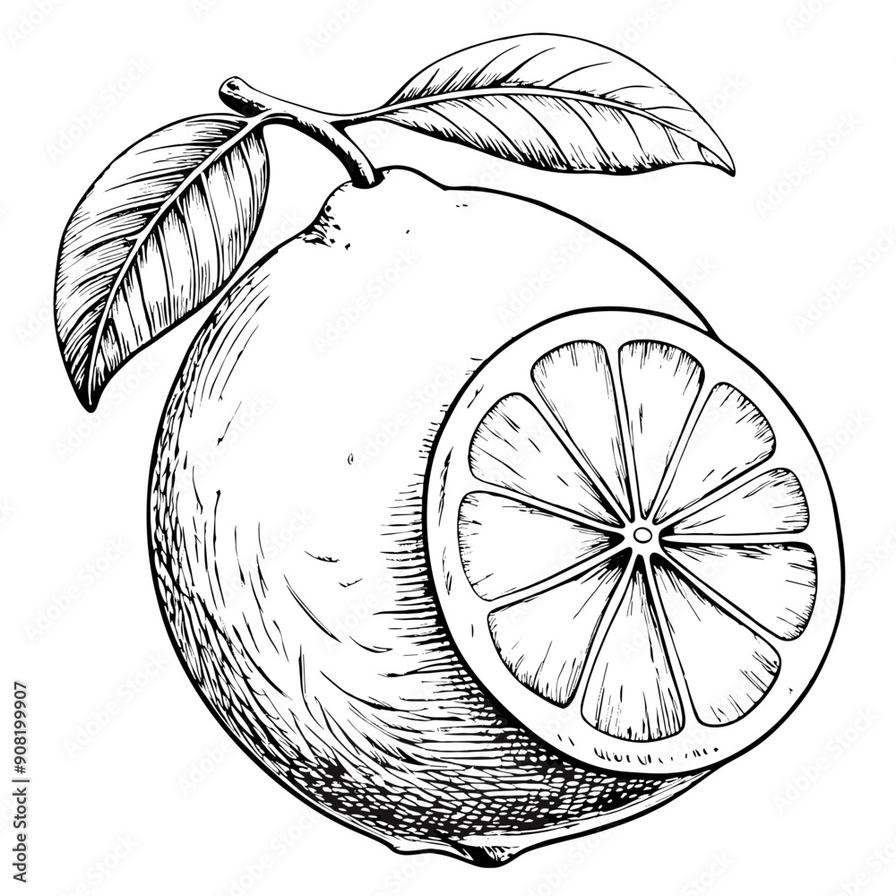 Obraz premium Lemon Illustration, Black and White, Citrus Fruit Concept