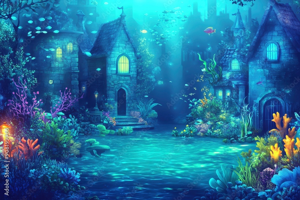 Underwater City with Stone Buildings and Coral Reefs Underwater City with Stone Buildings and Coral Reefs