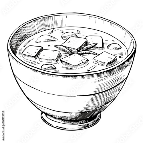 Miso Soup Illustration, Black and White, Japanese Cuisine Concept
