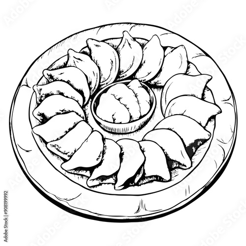 Gyoza Illustration, Black and White, Japanese Cuisine Concept
