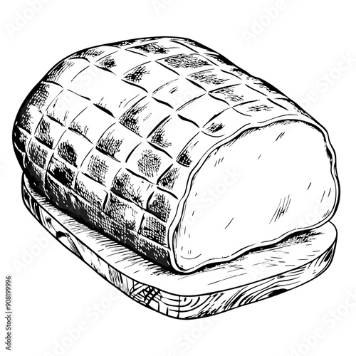 Ham Illustration, Black and White, Meat Concept